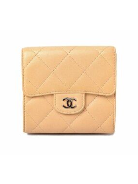 Chanel Wallet 3 Fold Lambskin Beige Silver Hardware